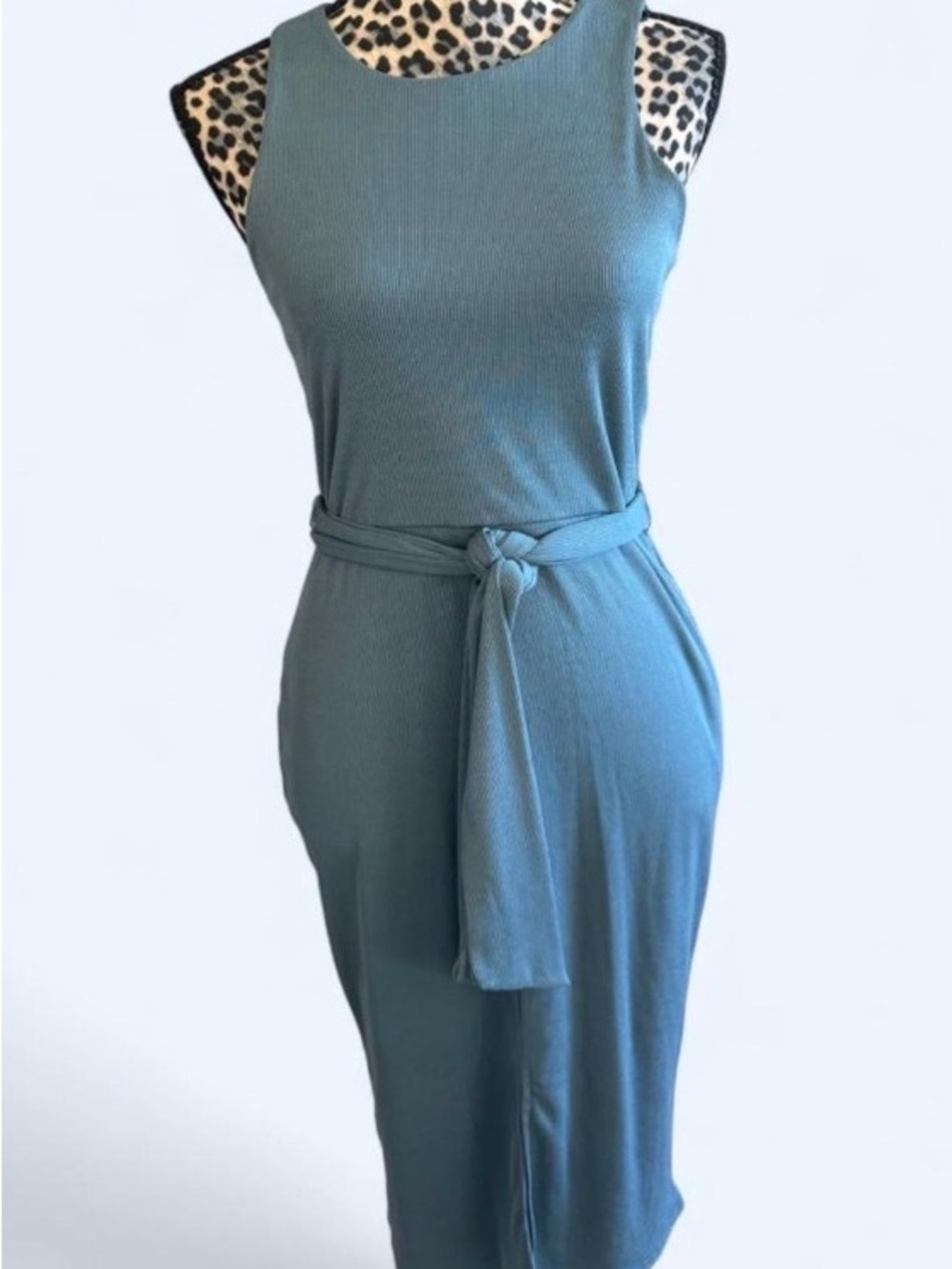 Sleeveless Belted Ribbed Midi Dress in Teal